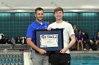 Jacob Cost DIII Swimming All American  Wheaton College Swimming & Diving head coach, Barrett Roberts '07, presents NCAA Division III All American certificate to Jacob Cost, ’19. - Photo by Keith Nordstrom : Wheaton, Jacob Cost, DIII, Swimming, All American